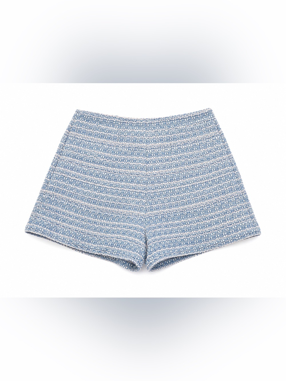 Sandro Blue and White High-Waist Tweed Shorts